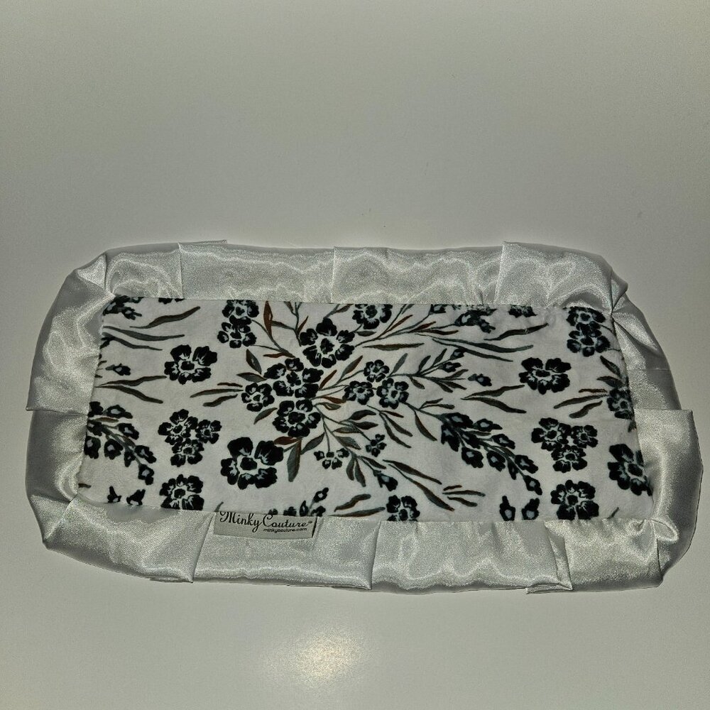 Minky Couture Floral Print Baby Lovey White Gray Fleece Satin Ruffled Trim